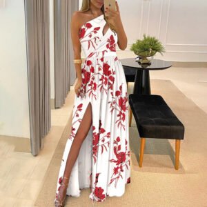 Summer an women's oblique shoulder hollow temperament, commute printing, put on a large fork dress