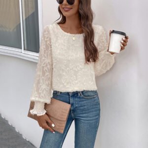 new women's round neck knit shirt long -sleeved hollow lace top