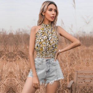 Independence Station Summer New an off -shoulder round collar floral sling slim hid vest