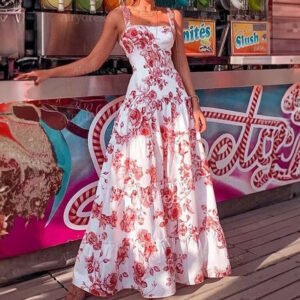 Independence Station an women's summer new temperament elegant print high waist strap dress