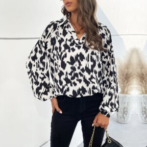 New an lapel shirt Long -sleeved leopard design sense shirt women