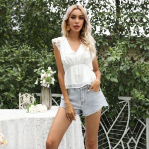Independent station summer an top ruffled splicing solid color flying sleeve waist waist short -sleeved chiffon shirt