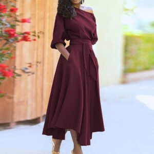 an women's summer new Middle Eastern strap waist slimming temperament pure color dress
