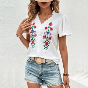 an spring summer casual female shirt summer embroidery V -neck shirt embroidered shirt