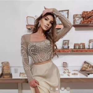 Expressing hot -selling nail pearl T -shirts spring an fashionable recipe long sleeve high street top top party banquet