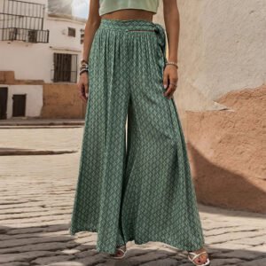 Summer new loose wide -leg pants an explosion TEMU women's lace -up high -waisted casual printed trousers