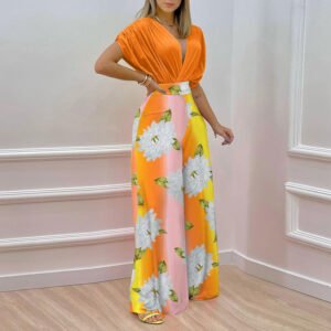 an women's clothing new printed bat sleeve top clothes wide -leg pants fashion set women