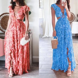 America's new women's new women's fashion sexy body wrapped chest print long split dress