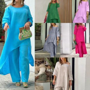 an new women's cotton linen fashion temperament, leisure irregular long -sleeved long -leg long pants two -piece