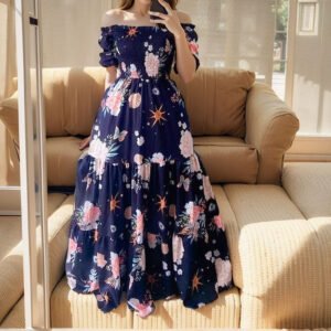 's new summer an women's outfit of off -the -shoulder princess skirt printing shoulders