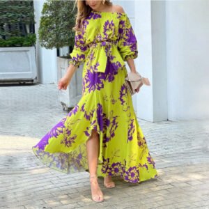 's new women's print printing shoulder sexy long -sleeved big dress elegant long dress