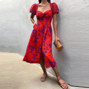 an women's clothing year new temperament print sexy split bubble sleeve sleeve high waist dress 661