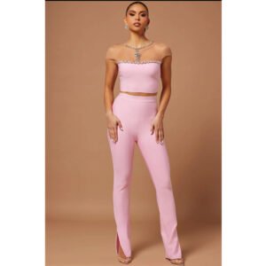 New product explosion pink bage pants set an high street rhinestone top trousers two -piece suit