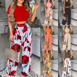 Summer New an women's temperament, commuting, printed wide -leg pants casual two -piece set 661