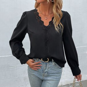 spring autumn casual long -sleeved shirt temperament commute an women's clothing V -neck lace stitching women's shirt