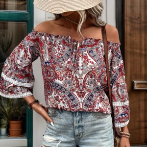 Independent station an print women's new irregular words, open -shoulder long -sleeved stitching design shirt