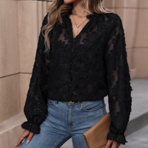 lace stitching long -sleeved V -neck shirt shirt autumn women's commute see -through see -through jet shirt