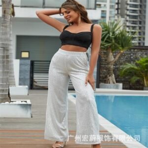 an silver summer casual wide -leg pants in summer new loose sequins high -waist straight pants