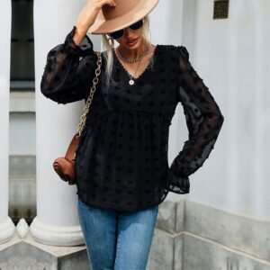 Independence Station Spring Women's Black V -neck Black Top Female Long -sleeved Gauze Perspective Shirt