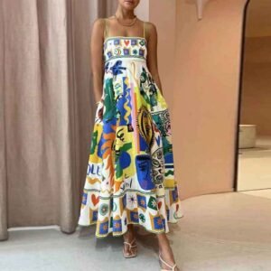 Summer new Women's Graffiti Printing Vacation Wind high waist thin suspender dress