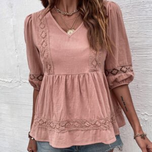 Independence Station Summer an retro stitching Top Solid Color Mid -sleeve Lame V -neck shirt