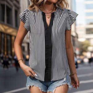 Summer new contrasting color vertical striped stitching shirt an women's clothing ruffle sleeve sleeve shirt