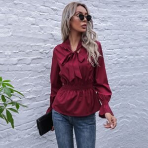 Spring an solid color slim -fitting tight waist horn long -sleeved bow lace -up shirt female