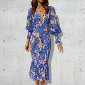 Summer new Women's an Mortar Fish Tail Skirt Temperature Slim Print Long Sleeve Dress