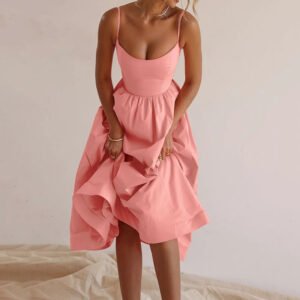 an summer dopamine new skirt temperament pure color high -waisted large swing b dress female women