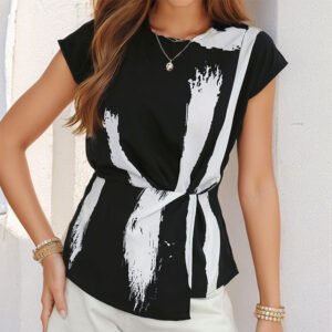 Summer commuting simple shirt an fashion women's waist short sleeve temperament stroke print tops