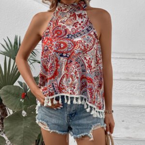 Independent station National Wind Vest Summer New an sleeveless fringe hanging neck shirt