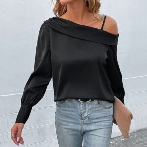 Independence Station an women's new irregular black off -the -shoulder long -sleeved design shirt