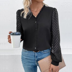explosion women's cardigan shirt an net gauze stitching long -sleeved commute wind perspective V -neck shirt