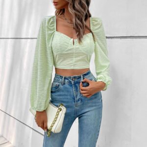 Independence Station Early Autumn Fashion New an women's pure -colored French collar bubble sleeve shirt women