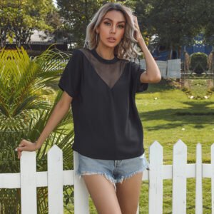 's summer new an top gauze hollow solid color short -sleeved chiffon pullover shirt female