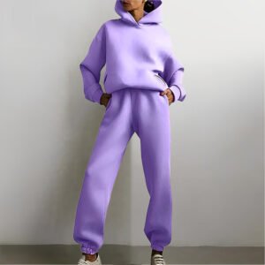 Spring two -piece set of an women's pure -colored hooded sweater trousers casual fashion set