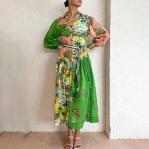 Speed ​​on the new an summer new women's casual personality printing single buckle long -sleeved dress