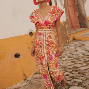 new hot -selling retro printed V -neck long skirt fashion elegant high waist slim dress