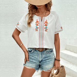 Tiktok an summer women's casual shirt V -neck design showed embroidered shirt