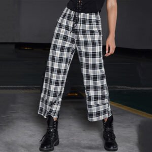 Pants new high -waisted lattice wide -leg pants black white plaid loose casual 7 points long pants