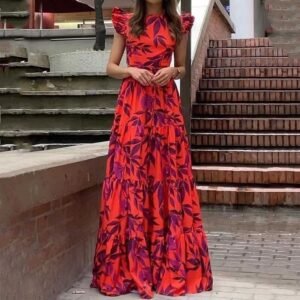 summer new an women's fashion printing temperament Feifei sleeves high waist long dress